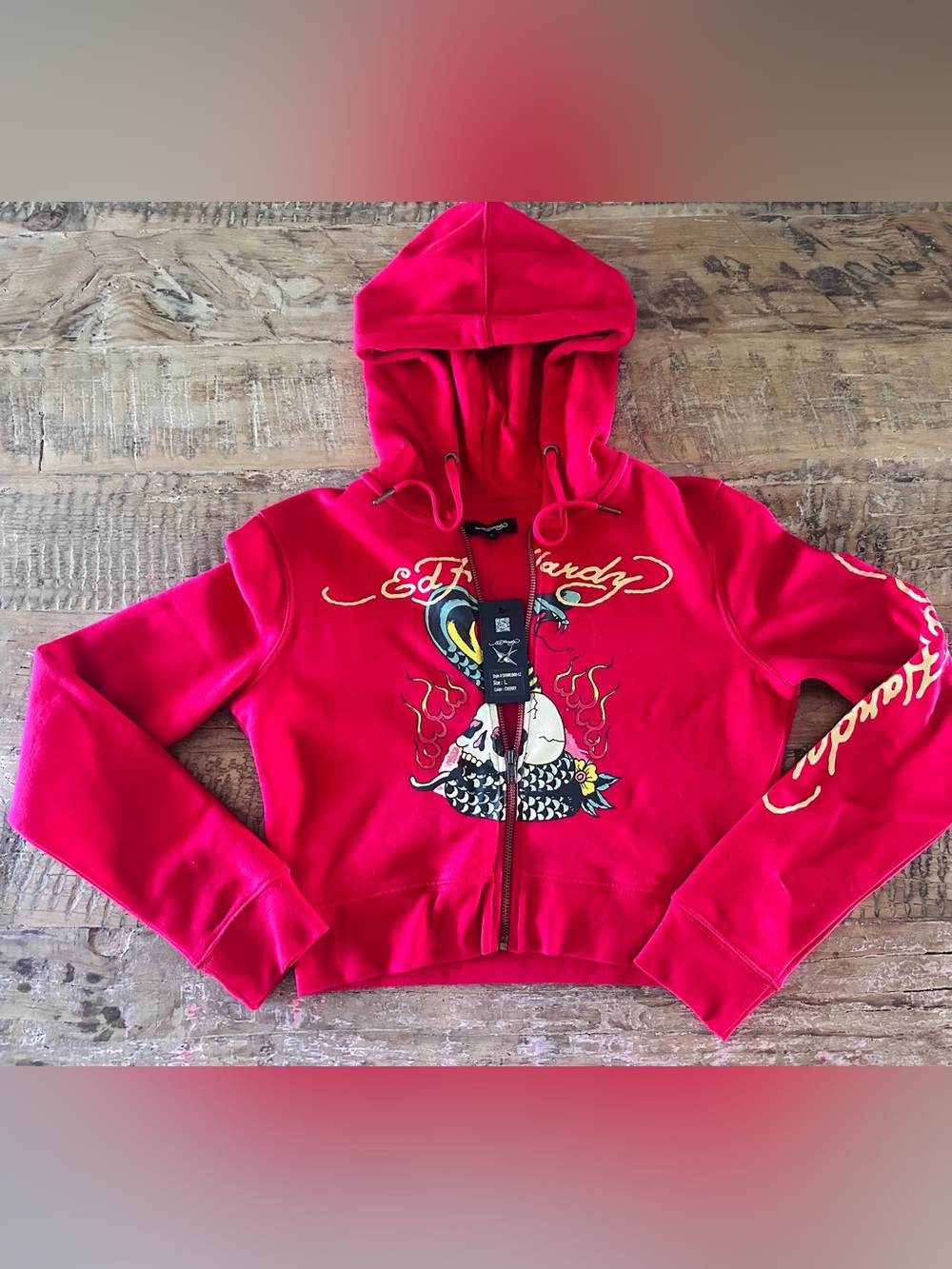 Ed Hardy Bright Red Zip-Up Hoodie with Script & Graphic